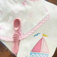 Cotton bib for baby girl with pink sailboat print fabric and pink gingham check trim and burp cloth with pink sailboat applique, 3 Marthas