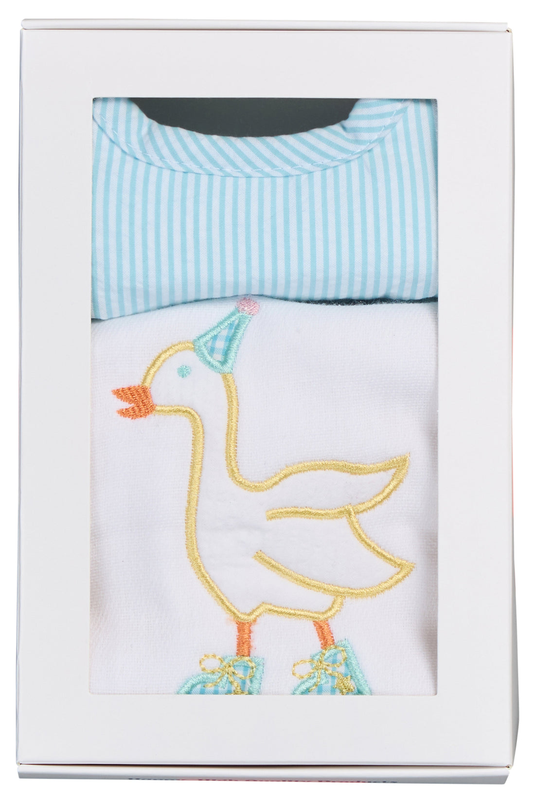 Cotton bib for baby with aqua seersucker stripe and burp with goose on skates applique, 3 Marthas