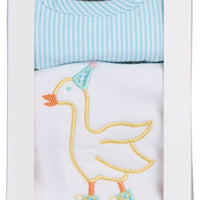 Cotton bib for baby with aqua seersucker stripe and burp with goose on skates applique, 3 Marthas