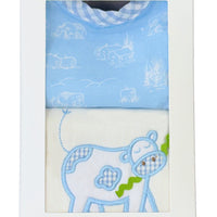 Cotton bib for baby with blue cow fabric and burp with blue cow applique, 3 Marthas