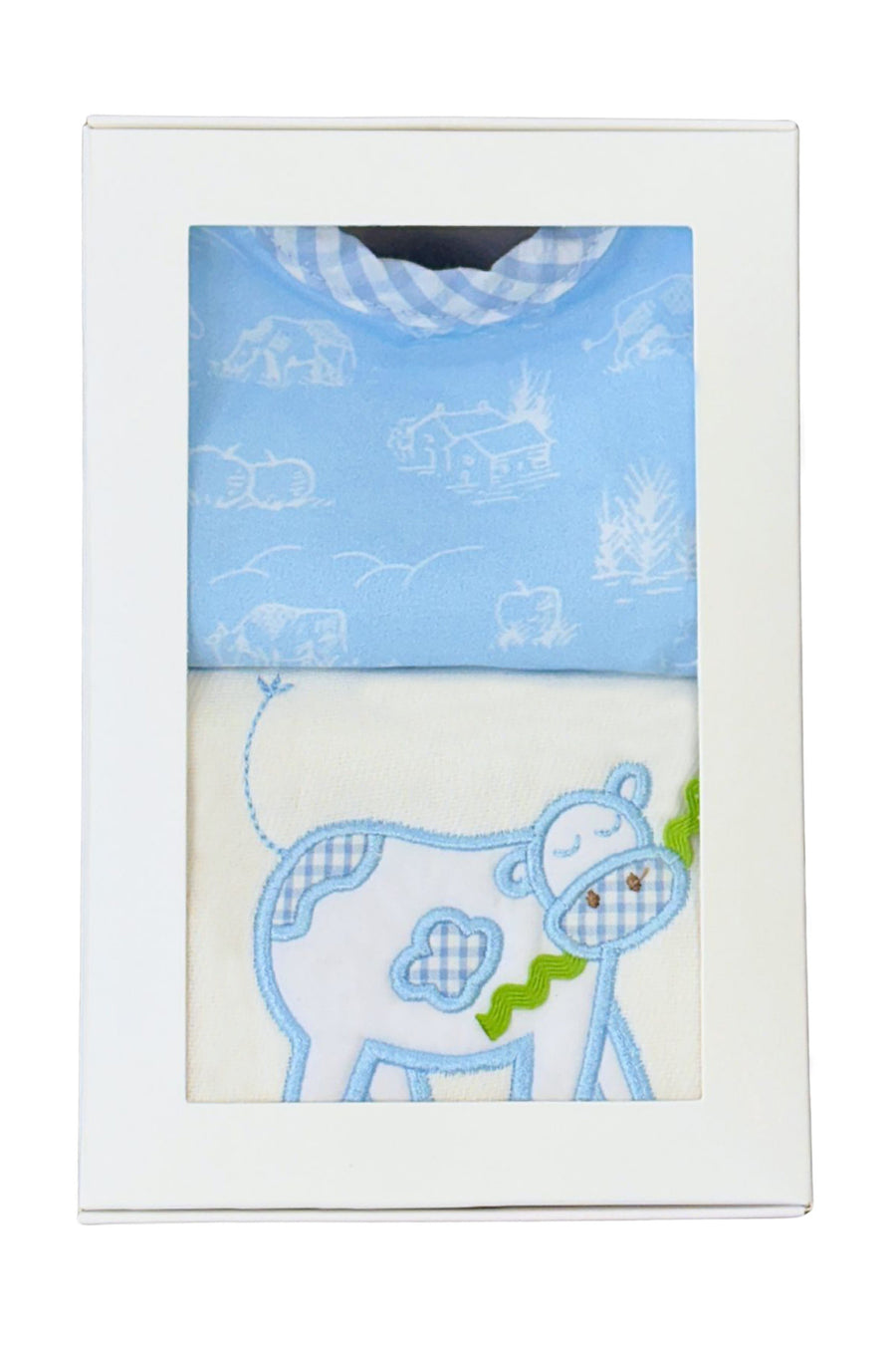 Cotton bib for baby with blue cow fabric and burp with blue cow applique, 3 Marthas