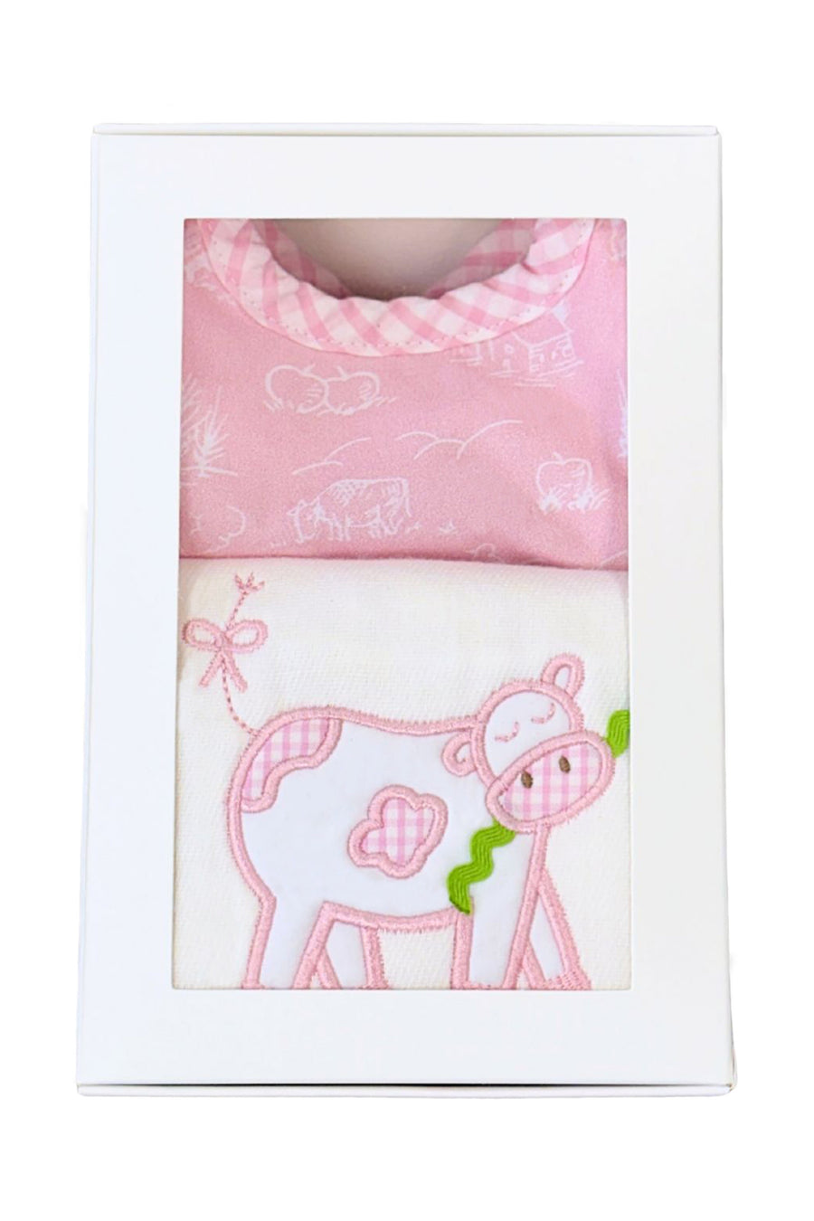 Cotton bib for baby with pink cow fabric and burp with pink cow, 3 Marthas