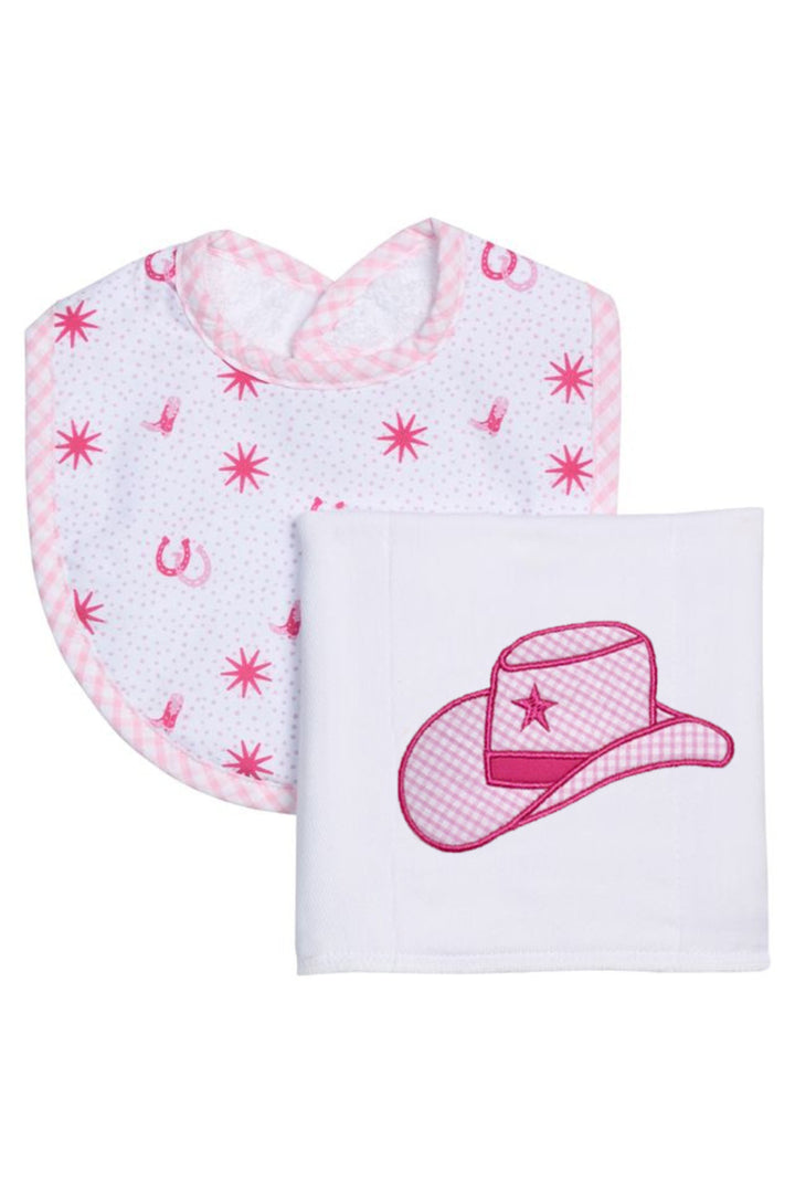 Baby bib and burp cloth set with pink star pattern and cowboy hat design on a white background