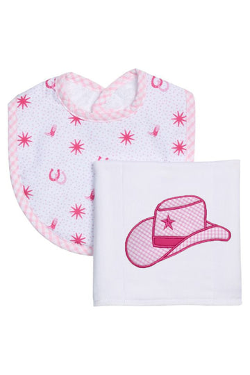 Baby bib and burp cloth set with pink star pattern and cowboy hat design on a white background