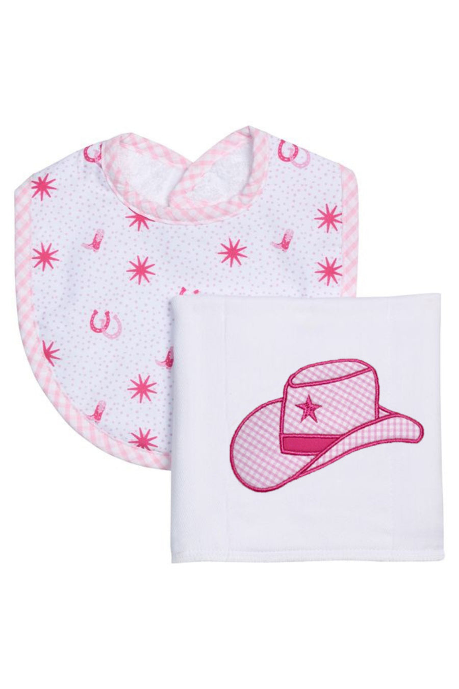 Baby bib and burp cloth set with pink star pattern and cowboy hat design on a white background