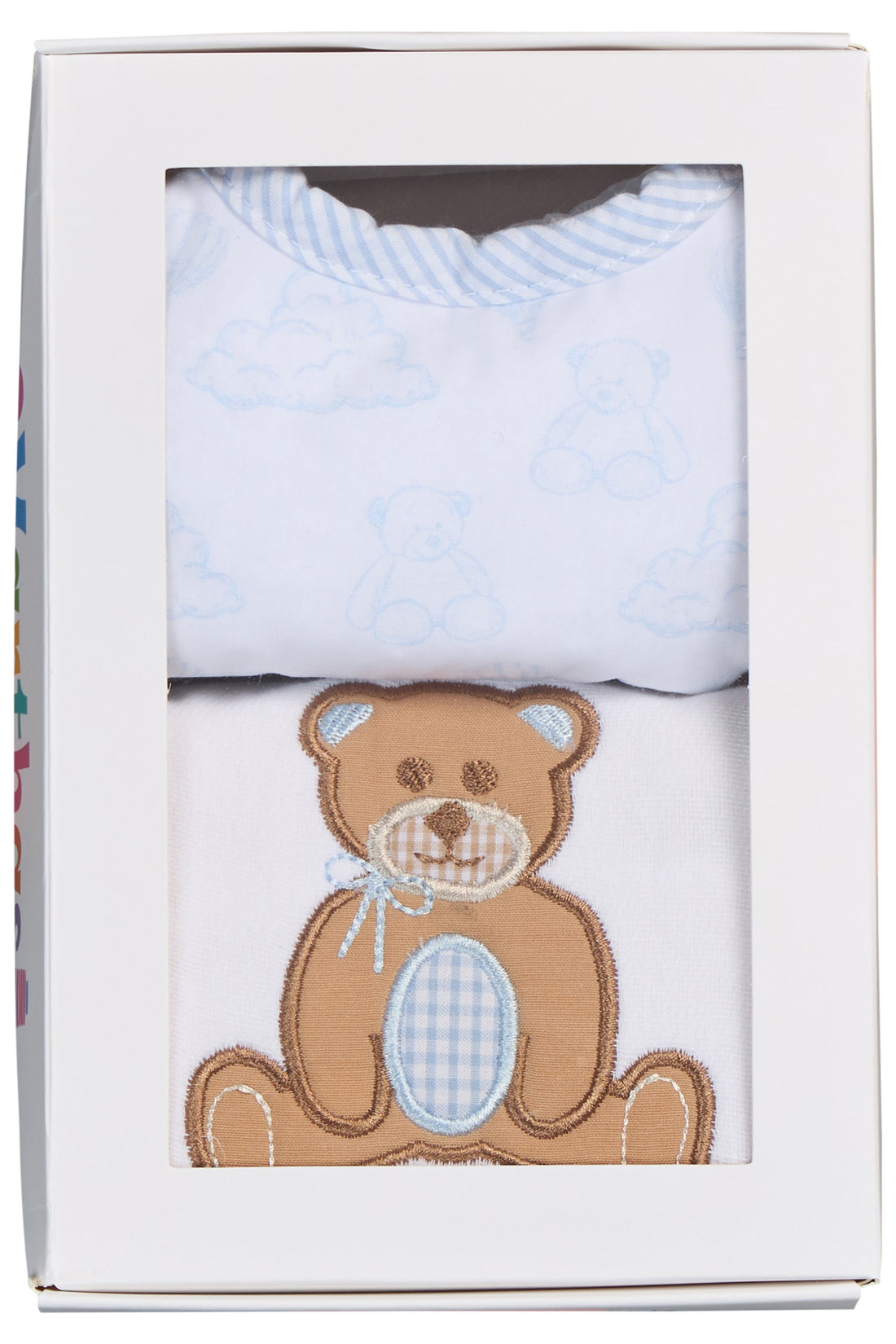 Cotton bib for baby with blue teddy bear toile and burp with teddy bear applique, 3 Marthas