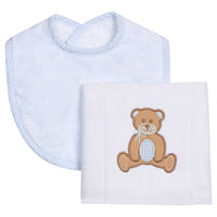 Cotton bib for baby with blue teddy bear toile and burp with teddy bear applique, 3 Marthas