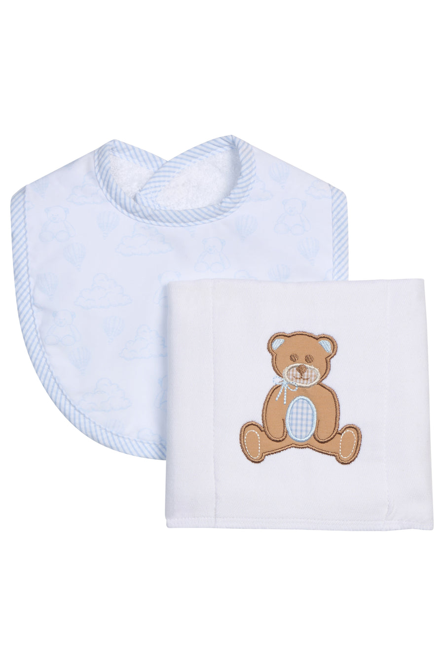 Cotton bib for baby with blue teddy bear toile and burp with teddy bear applique, 3 Marthas