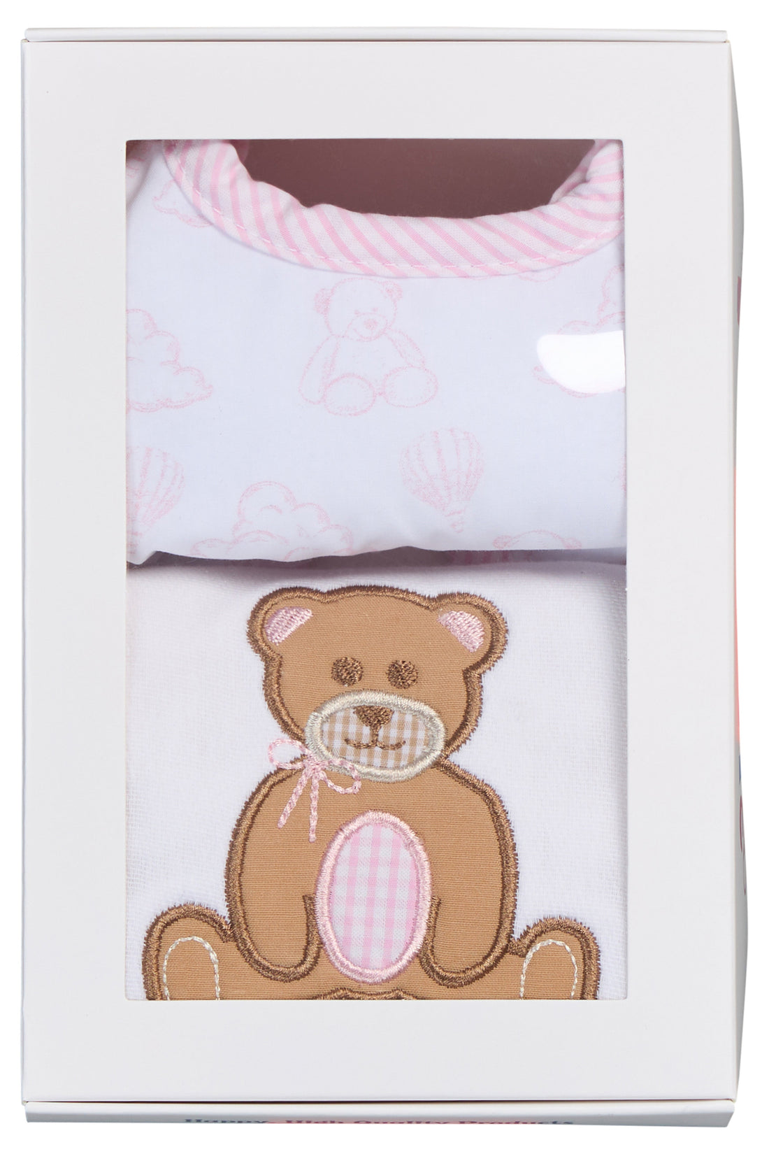 Cotton bib for baby with pink teddy bear toile and burp with teddy bear applique, 3 Marthas