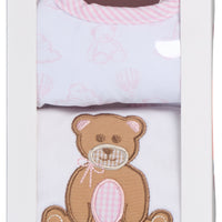 Cotton bib for baby with pink teddy bear toile and burp with teddy bear applique, 3 Marthas