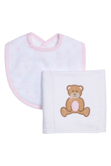 Cotton bib for baby with pink teddy bear toile and burp with teddy bear applique, 3 Marthas