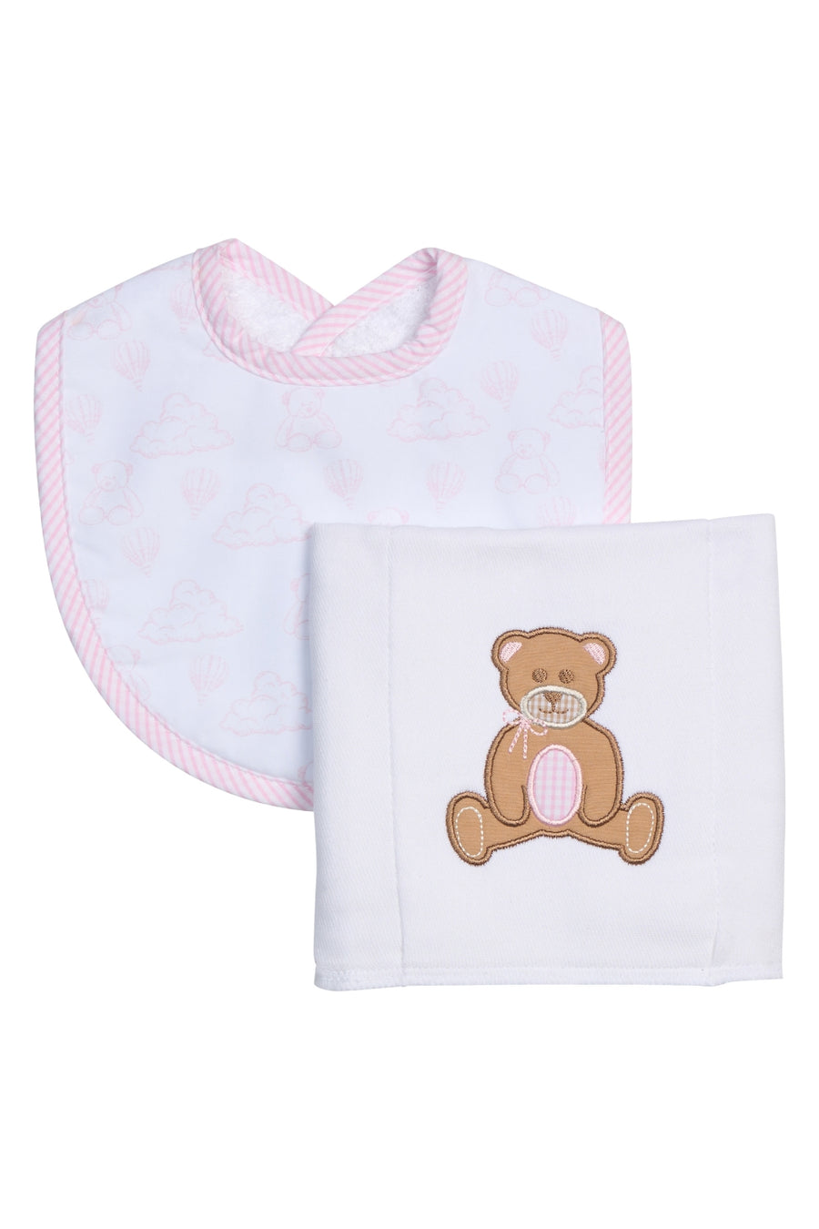 Cotton bib for baby with pink teddy bear toile and burp with teddy bear applique, 3 Marthas