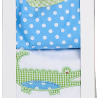 Cotton bib for baby with blue dot and green gingham check and burp with alligator applique, 3 Marthas