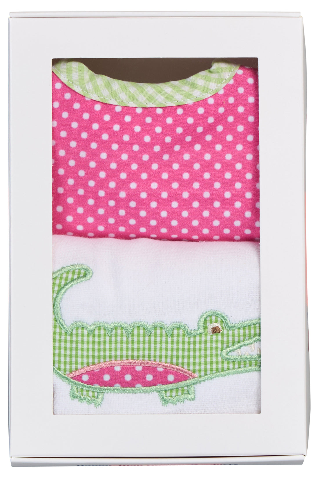 Cotton bib for baby with pink dot and green gingham check and burp with alligator applique, 3 Marthas