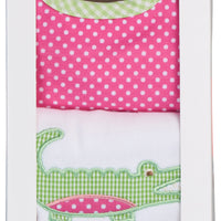 Cotton bib for baby with pink dot and green gingham check and burp with alligator applique, 3 Marthas