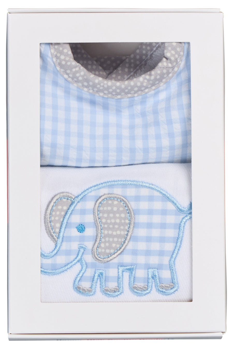 Cotton bib for baby with blue gingham check fabric and gray dot trim and burp cloth with elephant applique, 3 Marthas
