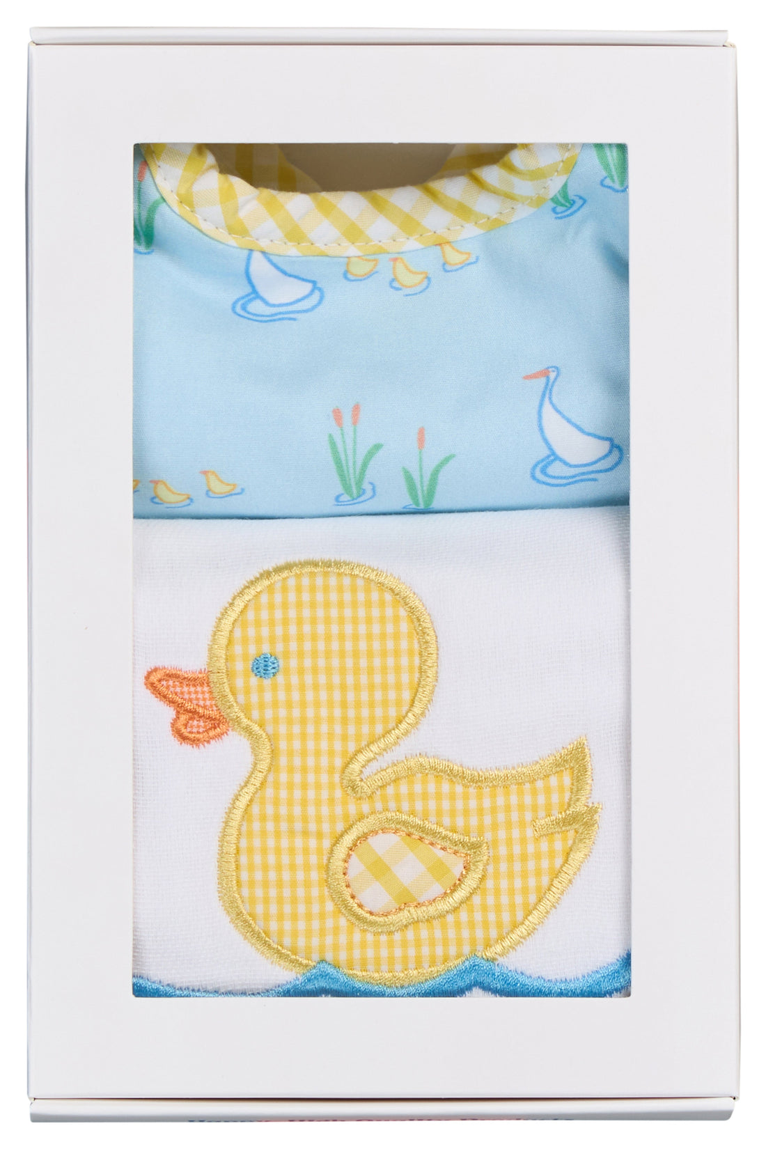 Cotton bib for baby with blue duck print fabric and yellow gingham check trim and burp cloth with duck applique, 3 Marthas