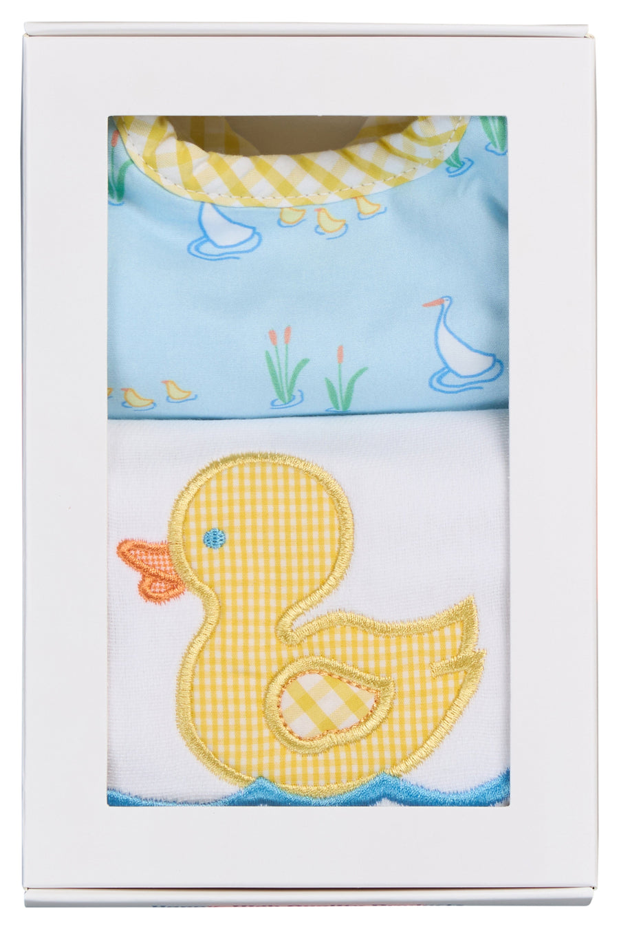 Cotton bib for baby with blue duck print fabric and yellow gingham check trim and burp cloth with duck applique, 3 Marthas