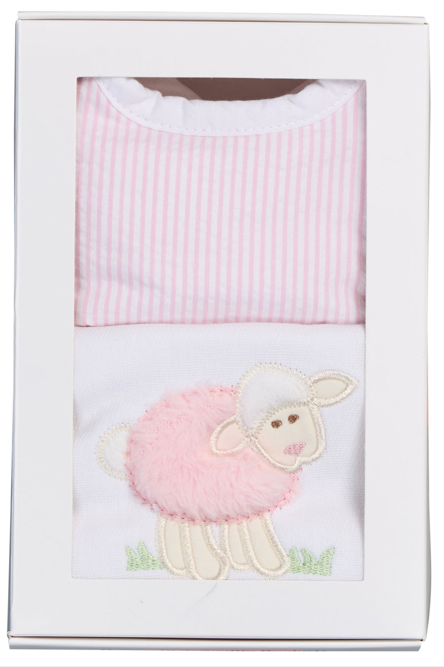 Cotton bib for baby girl with pink seersucker stripe fabric and burp cloth with pink lamb applique, 3 Marthas