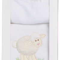 Cotton bib for baby with white seersucker stripe fabric and burp cloth with white lamb applique, 3 Marthas