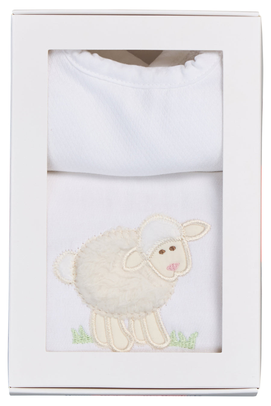 Cotton bib for baby with white seersucker stripe fabric and burp cloth with white lamb applique, 3 Marthas