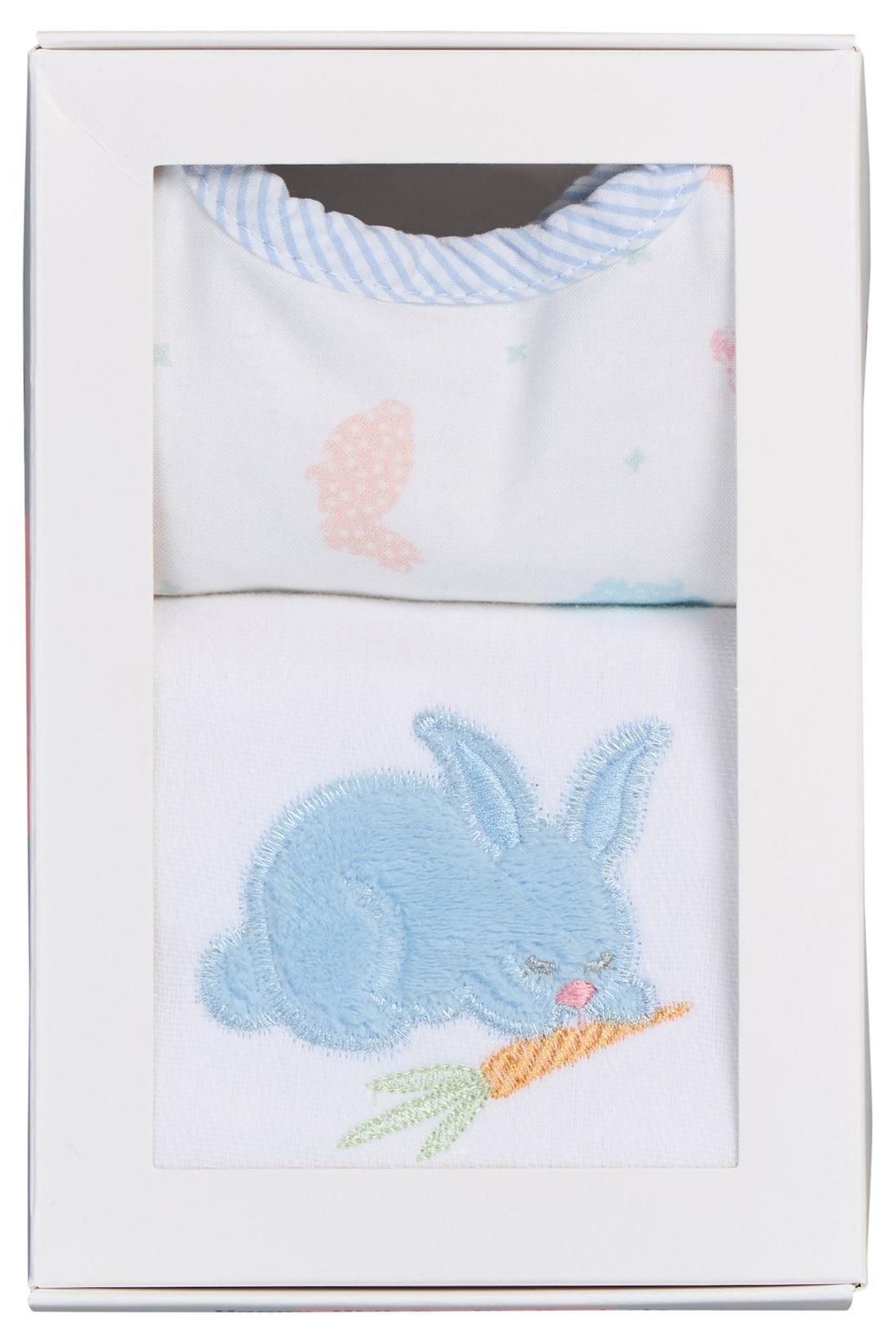 Cotton bib for baby with multi pastel bunny fabric and blue seersucker stripe trim and burp with bunny applique, 3 Marthas