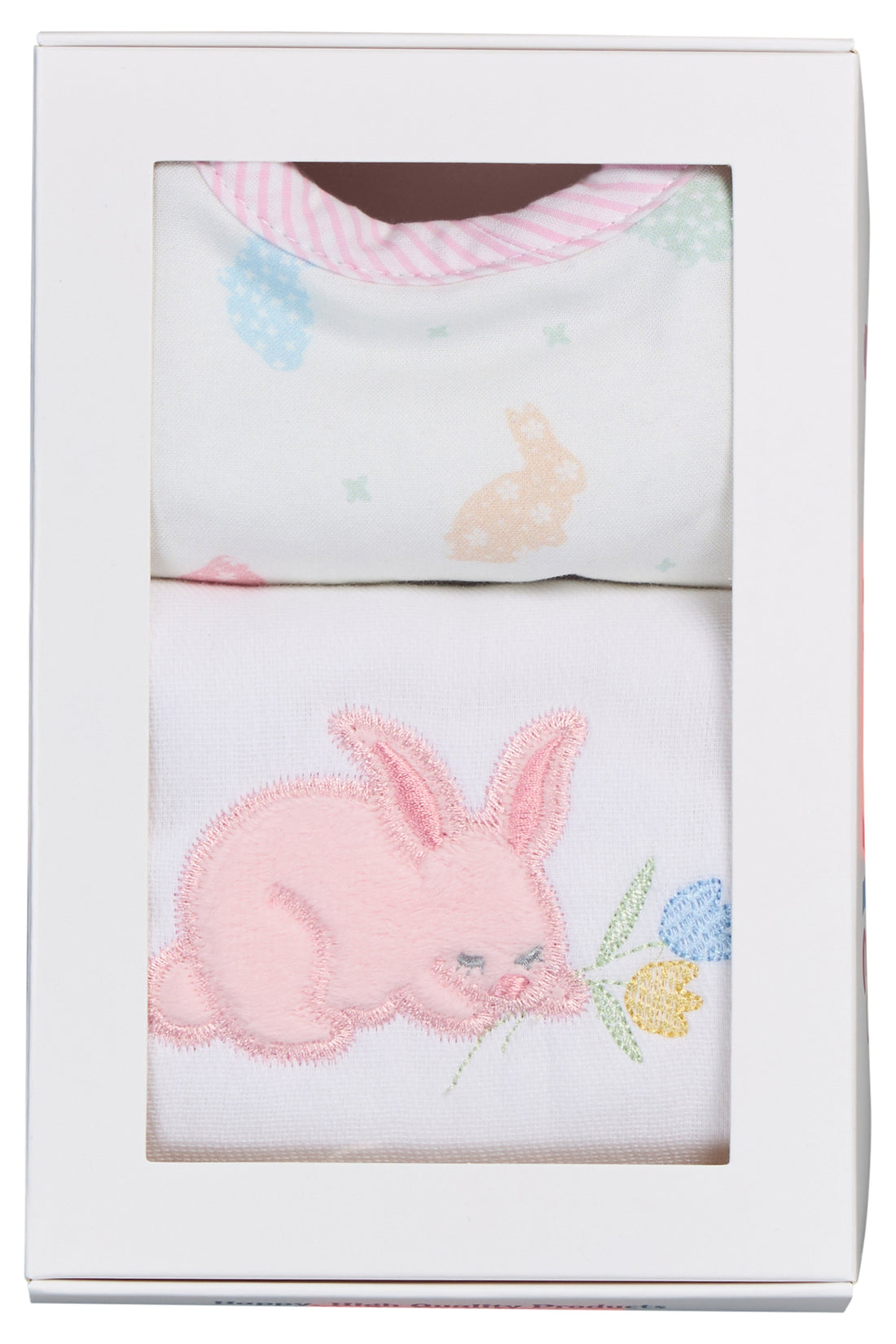 Baby bib and burp with embroidered bunny design in a white box packaging, 3 Marthas
