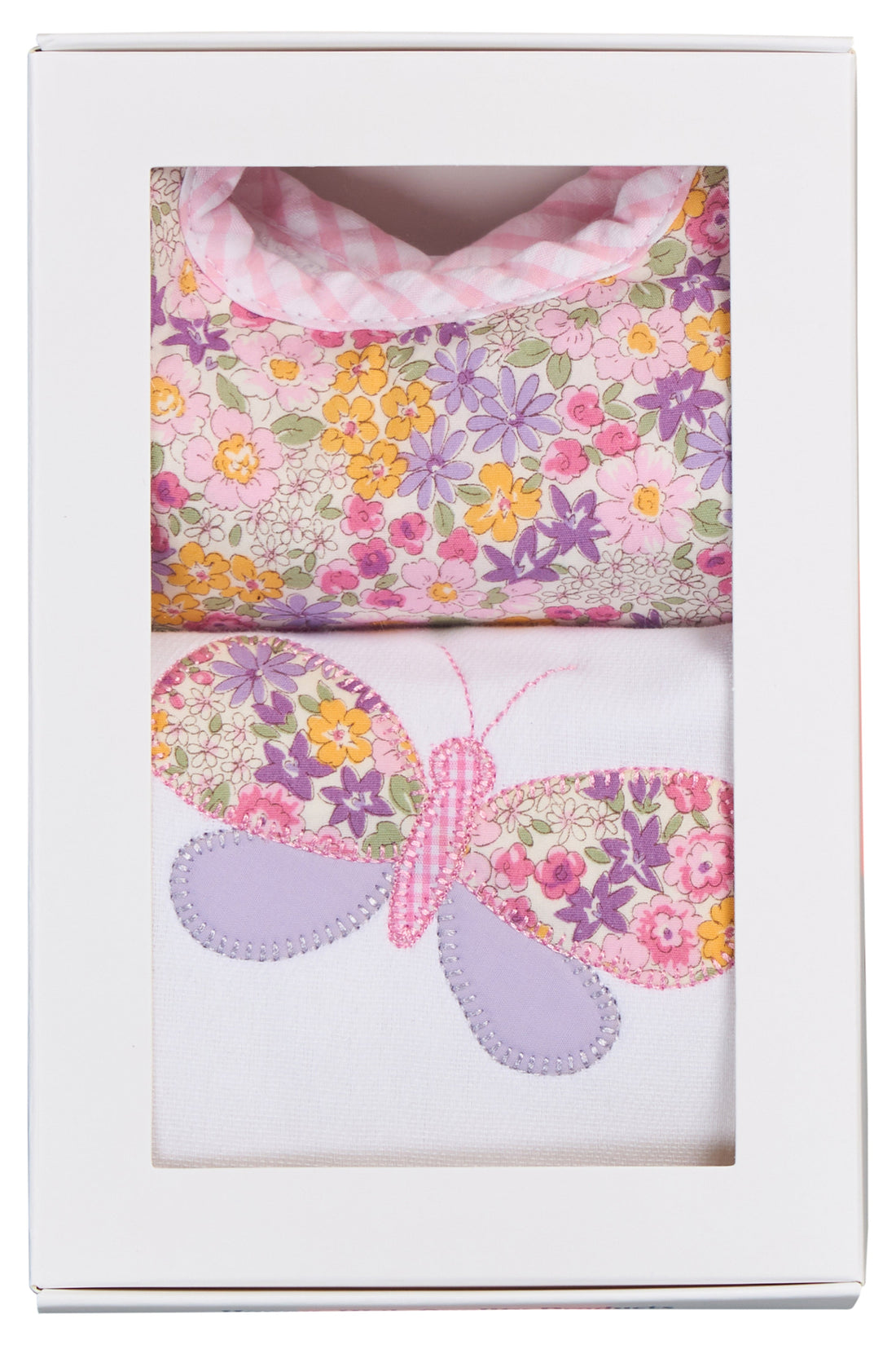 Cotton bib for baby girl with floral fabric and pink gingham check trim and burp with butterfly applique, 3 Marthas