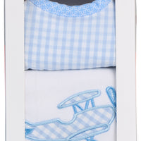 Cotton bib for baby with blue gingham check and burp with airplane applique, 3 Marthas