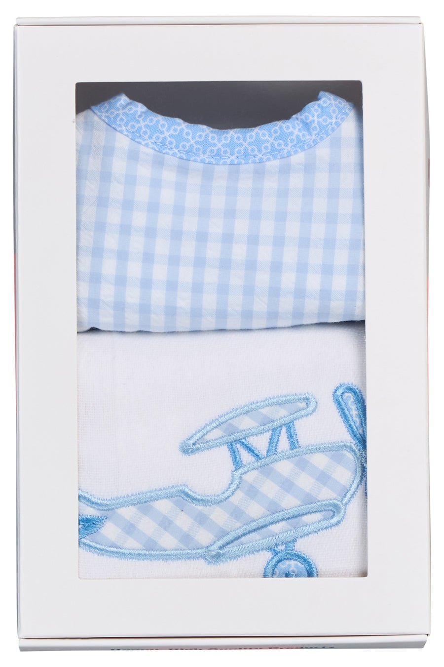 Cotton bib for baby with blue gingham check and burp with airplane applique, 3 Marthas