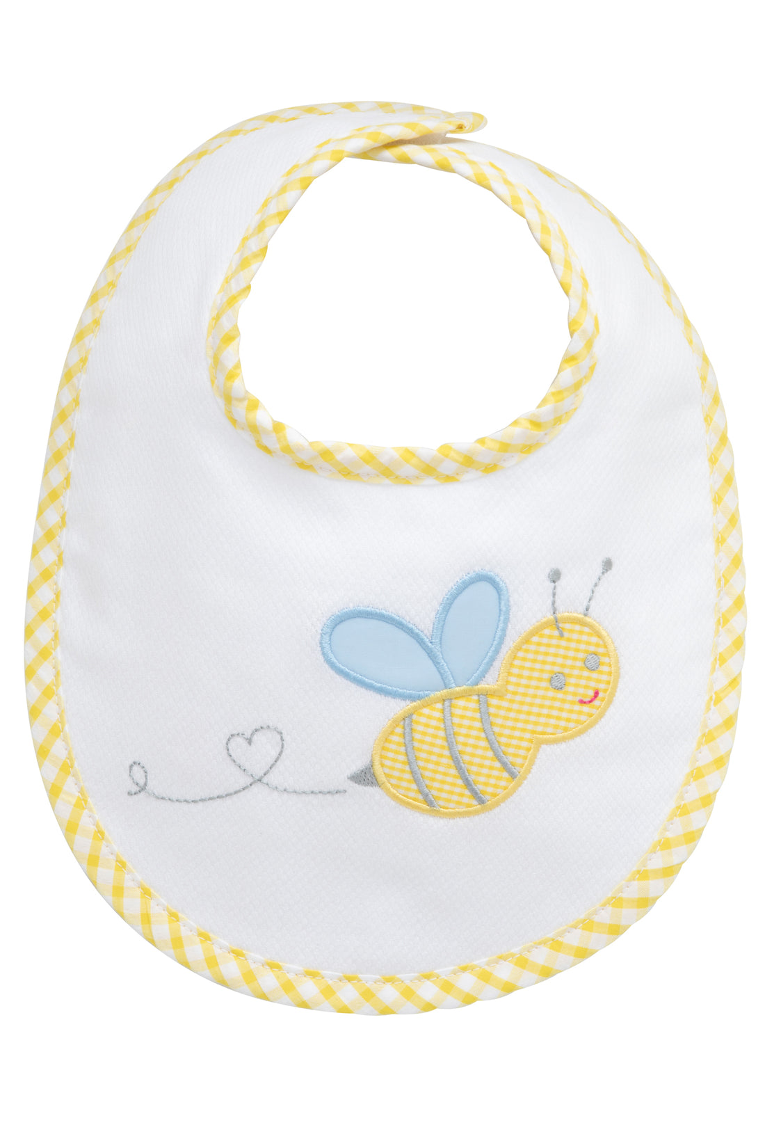 Cotton pique and terry bib with yellow gingham check bee applique with blue wings, 3 Marthas