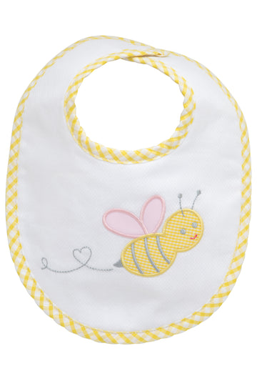 Cotton pique and terry bib with yellow gingham check bee applique with pink wings, 3 Marthas