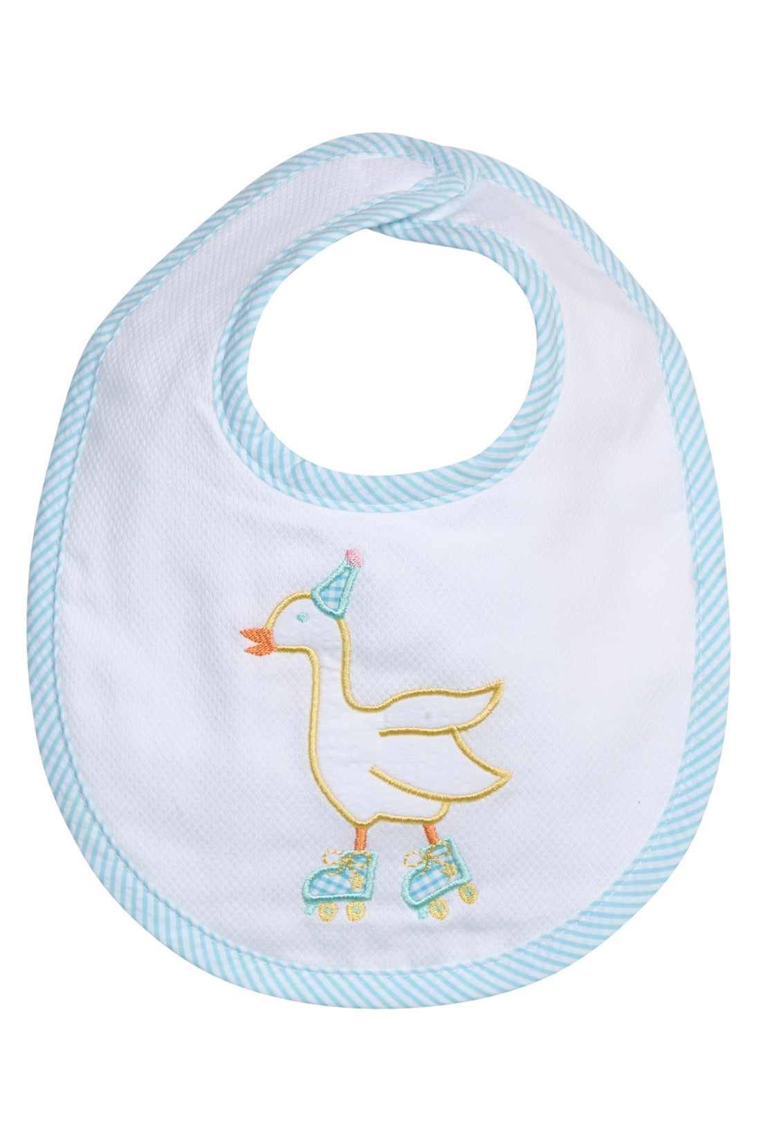 Baby bib with a silly goose design on a white background