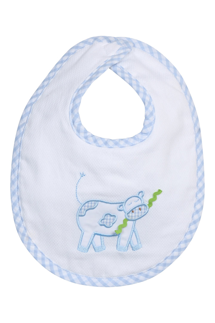 Baby bib with blue cow design on a white background