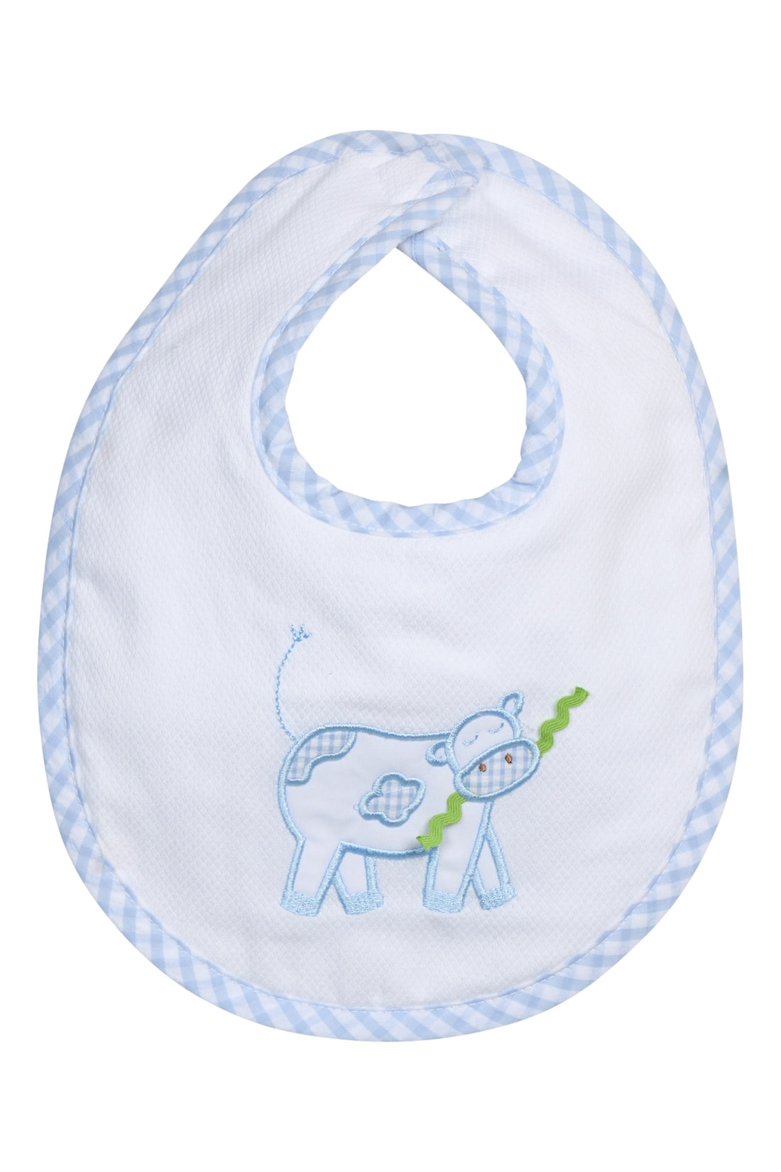 Baby bib with blue cow design on a white background