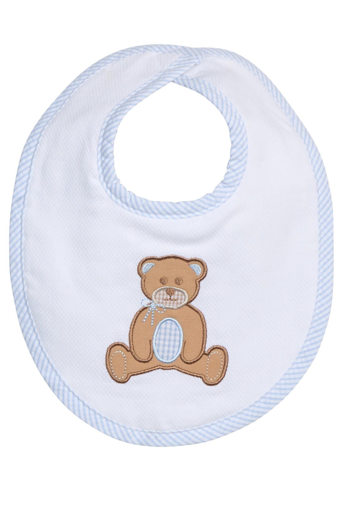 Baby bib with teddy bear design on a white background