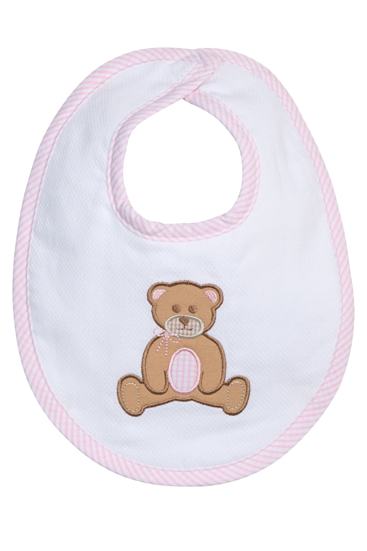 Baby bib with teddy bear design on a white background