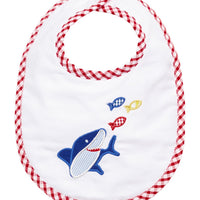 Baby bib with shark and fish design on a white background, 3 Marthas