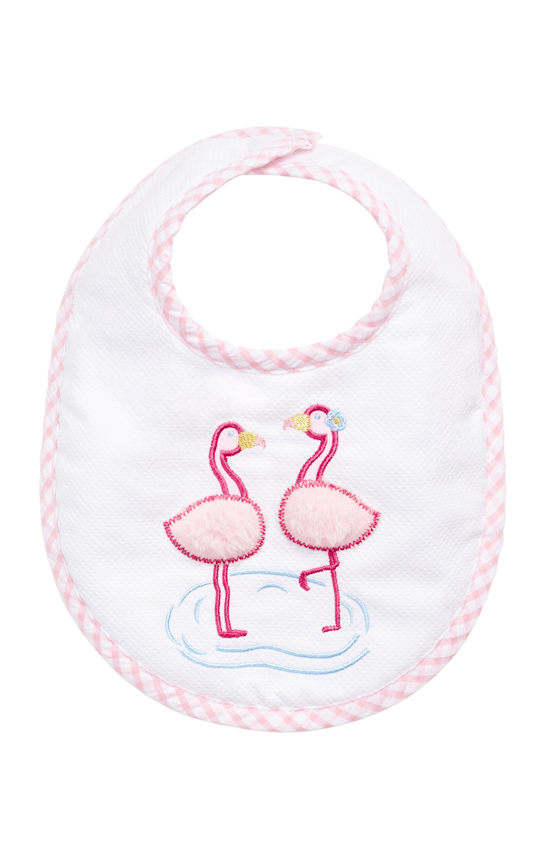 Baby bib with embroidered flamingo design on a white background, 3 Marthas