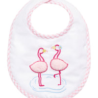 Baby bib with embroidered flamingo design on a white background, 3 Marthas