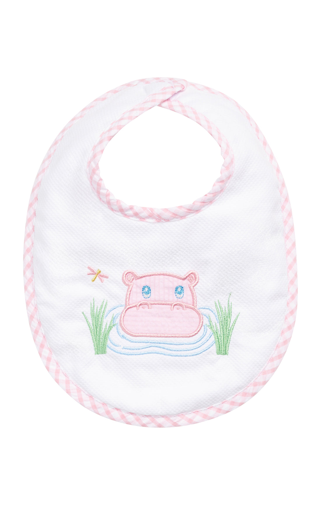 White bib with pink hippo design on a white background, 3 Marthas