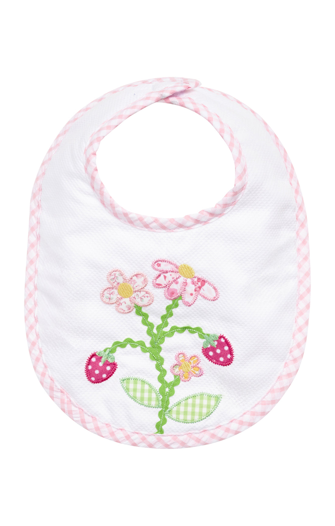 Baby bib with strawberry floral design on a white background, 3 Marthas