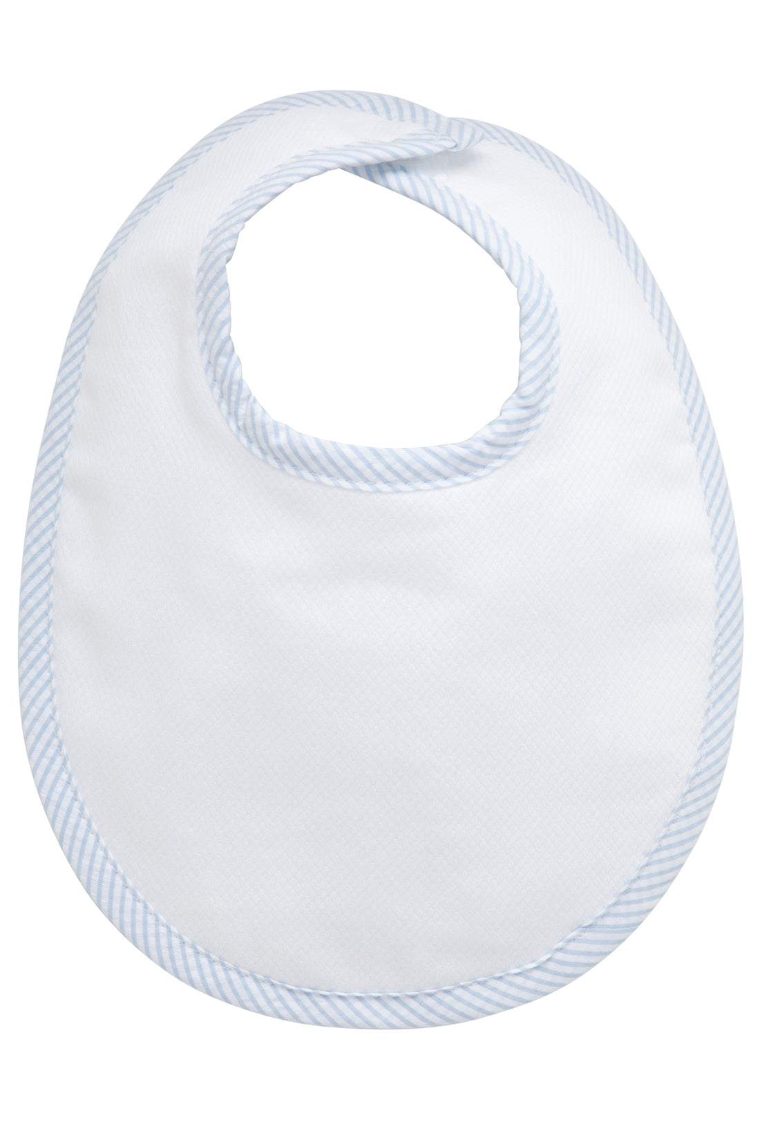 Cotton pique and terry bib with blue seersucker stripe trim, 3 Marthas