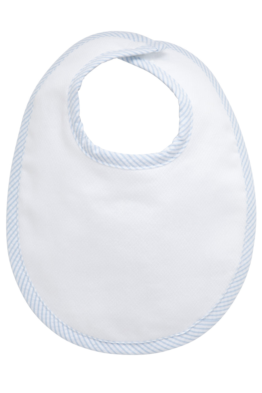 Cotton pique and terry bib with blue seersucker stripe trim, 3 Marthas