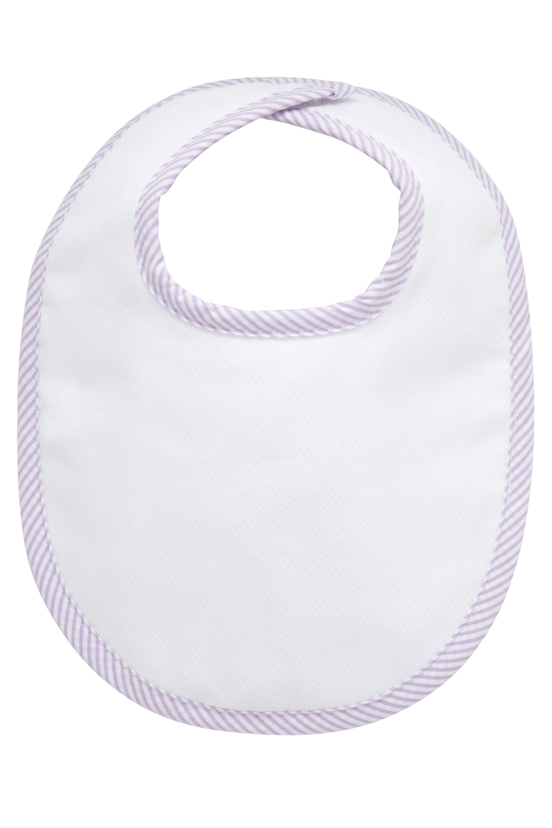 Cotton pique and terry bib with lilac seersucker stripe trim, 3 Marthas