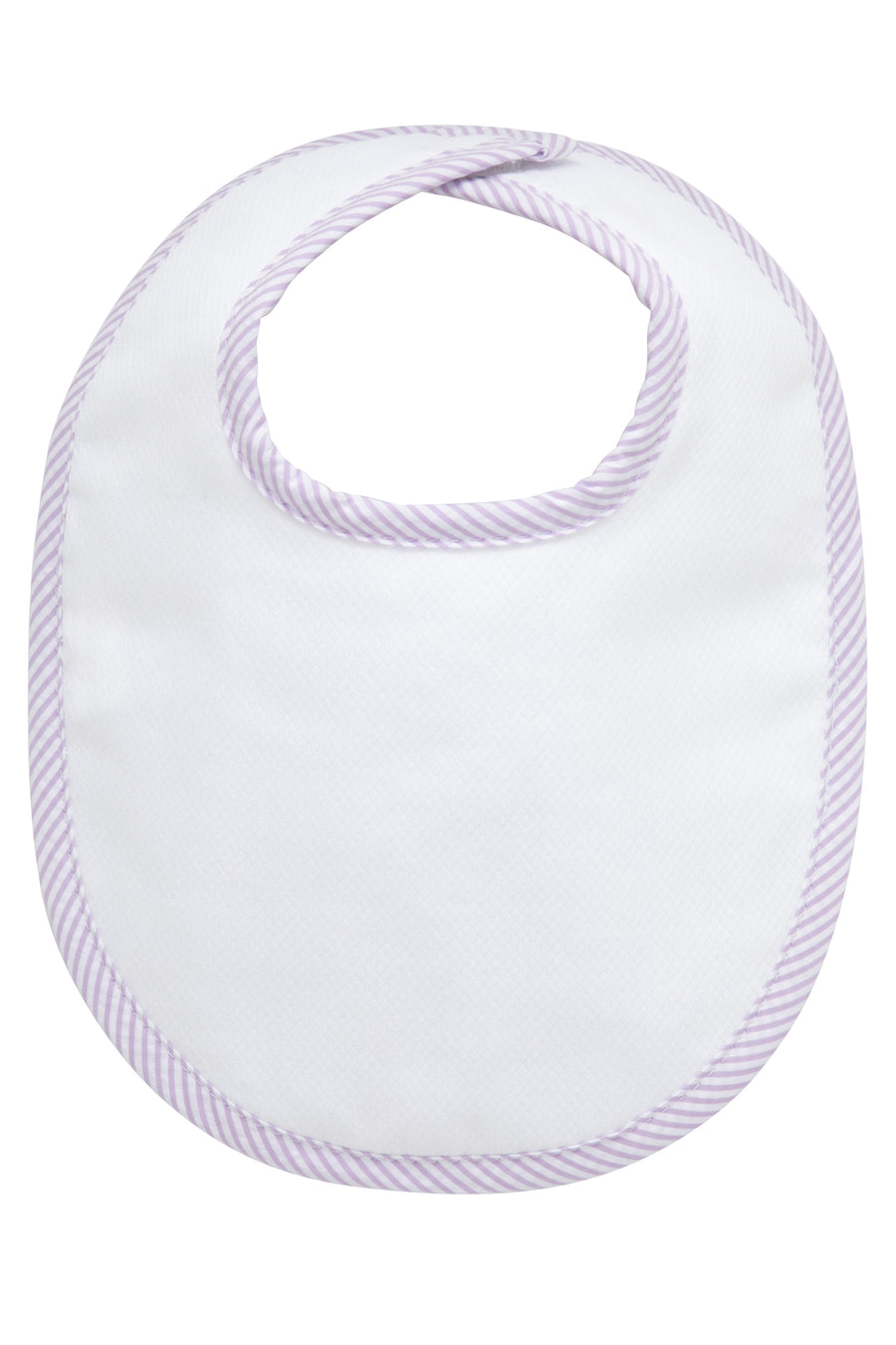 Cotton pique and terry bib with lilac seersucker stripe trim, 3 Marthas