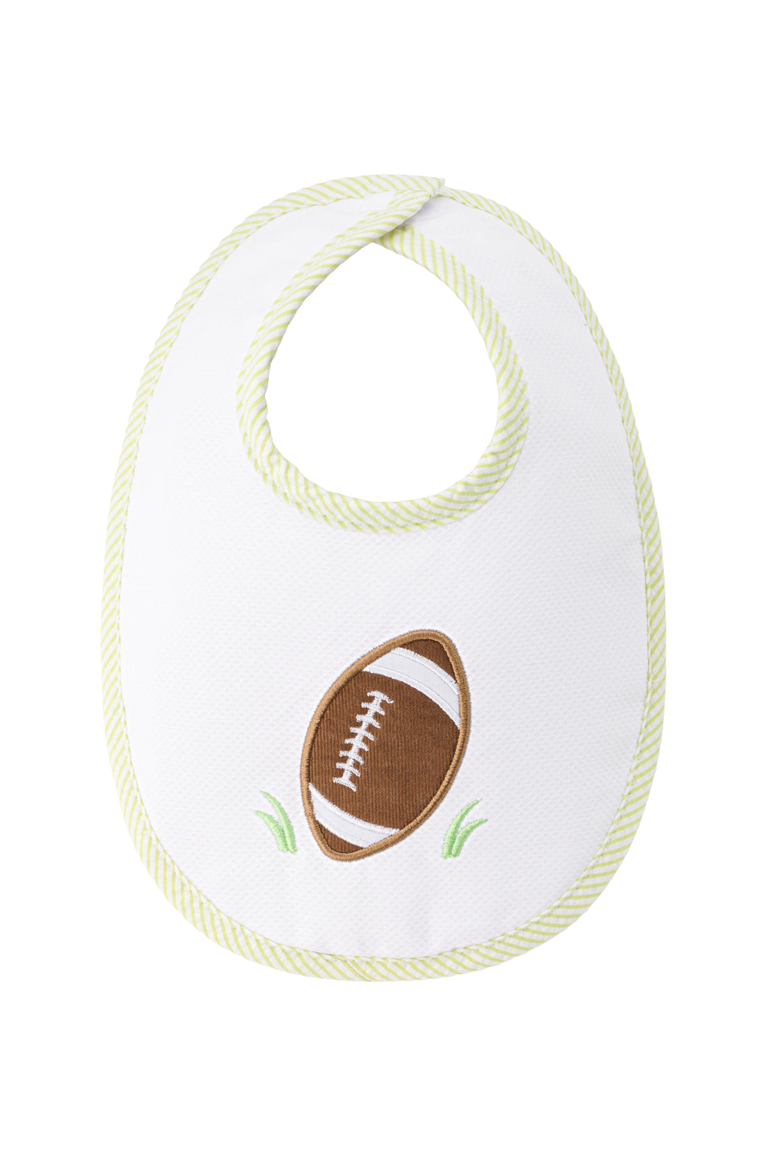 Cotton pique and terry bib with green seersucker stripe trim and brown corduroy football applique, 3 Marthas