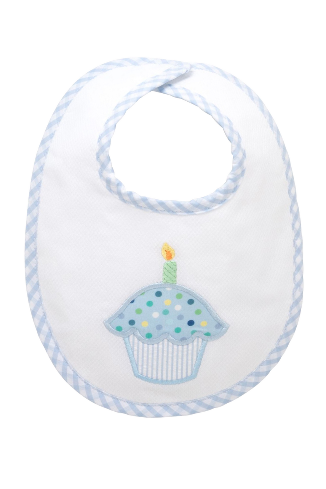 Cotton pique and terry bib featuring blue dot birthday cupcake with blue gingham trim, 3 Marthas