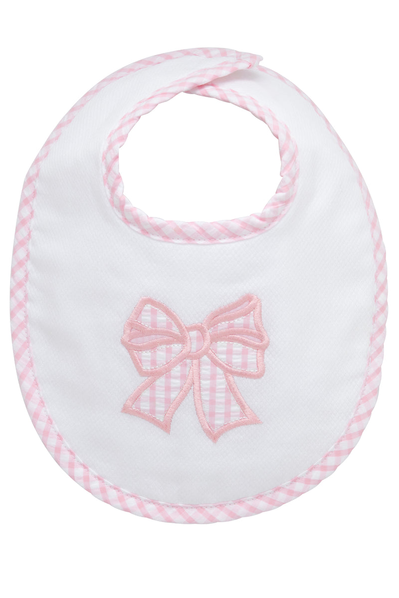 Cotton pique and terry bib with pink gingham bow applique, 3 Marthas