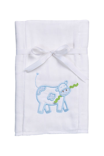 Cotton burp cloth for baby with blue cow applique, 3 Marthas